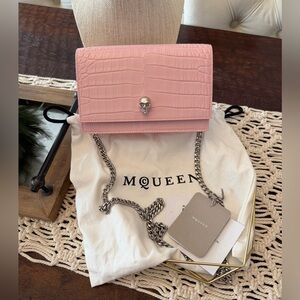 Alexander McQueen Mini Skull Croc-Embossed Shoulder Bag in Rose/Silver-NWT